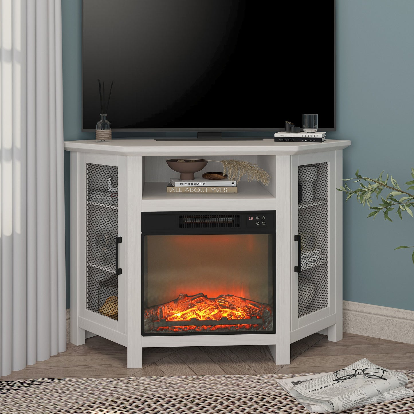 CASAINC 44.45-in W White TV Stand with Fan-forced Electric Fireplace CA-TVS050-WRS