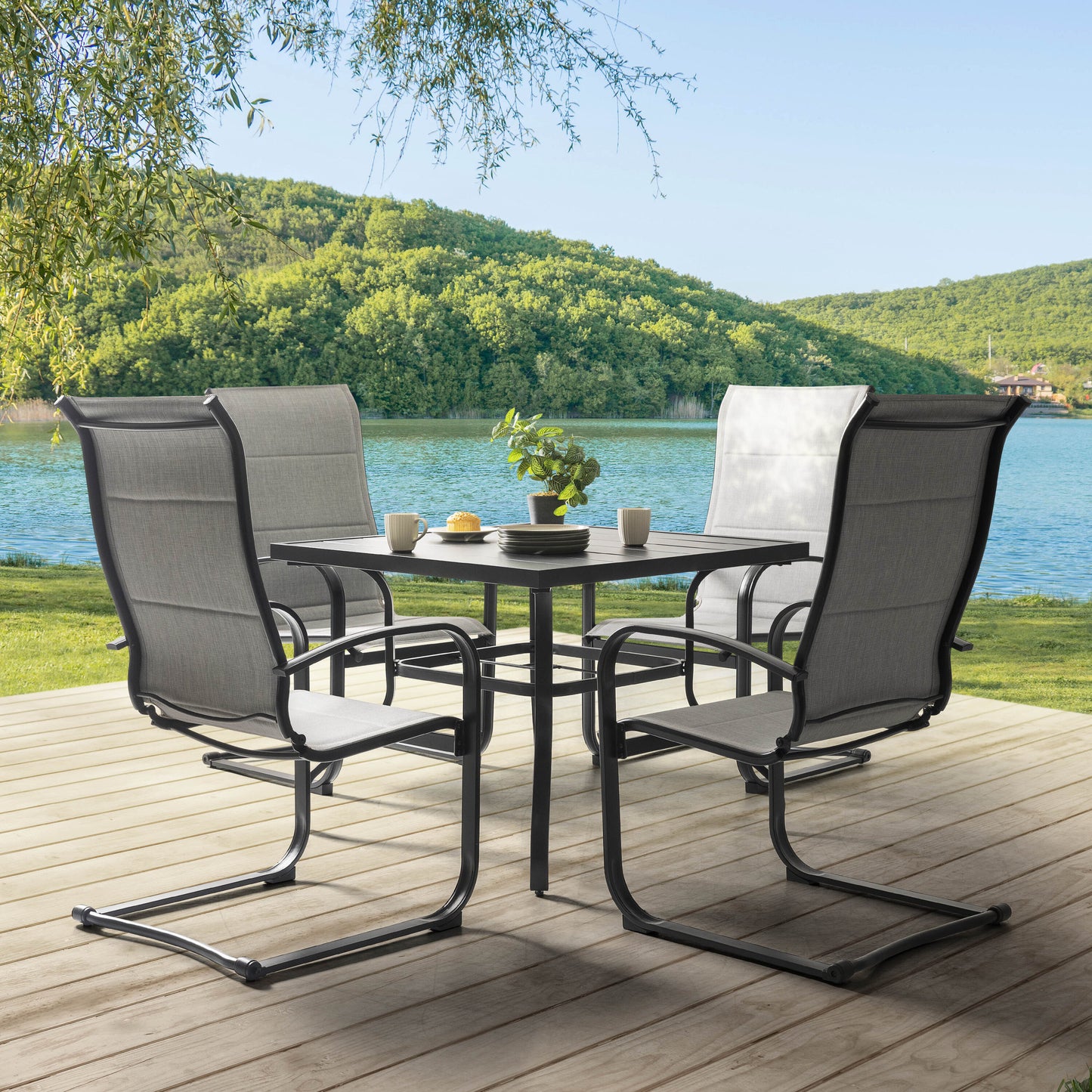 Nuu Garden Patio Dining Sets 5 -Piece Black Patio Dining Set Iron Square Table with 4 Gray C-spring Chairs