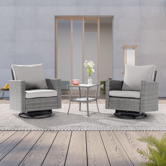 Sonkuki Swivel Rocking Chair 3 -Piece Rattan Patio Conversation Set with Gray Cushions