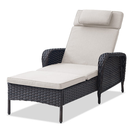 Rilyson Curved handrail Wicker Brown Wicker Frame Stationary Chaise Lounge Chair with Off-white Beige Cushioned Seat