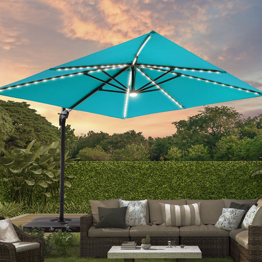 Sonkuki 10-ft Aluminum Blue No-tilt Cantilever Patio Umbrella with Lights with Base