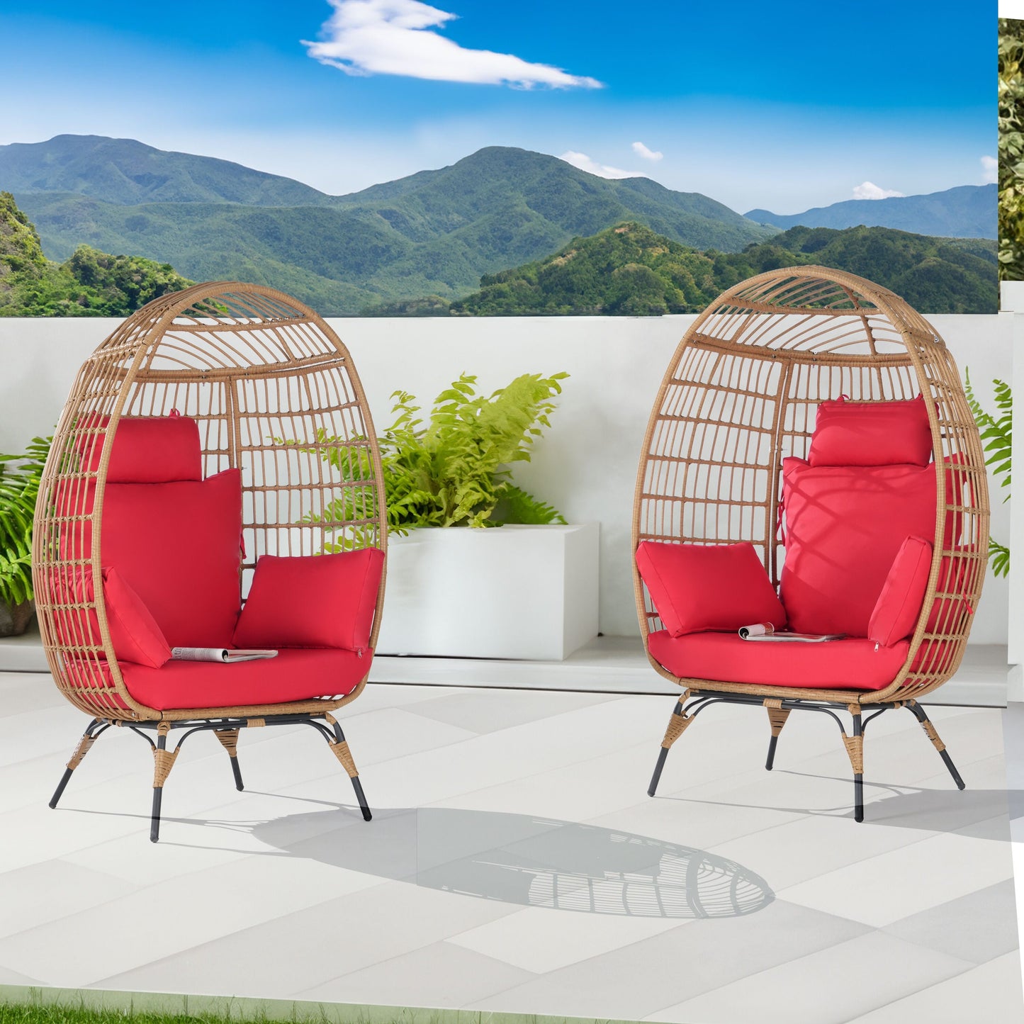 SANSTAR Patio Chairs Set of 2 Wicker Brown Metal Frame Stationary Egg Chair with Red 220gsm Polyester Cushioned Seat