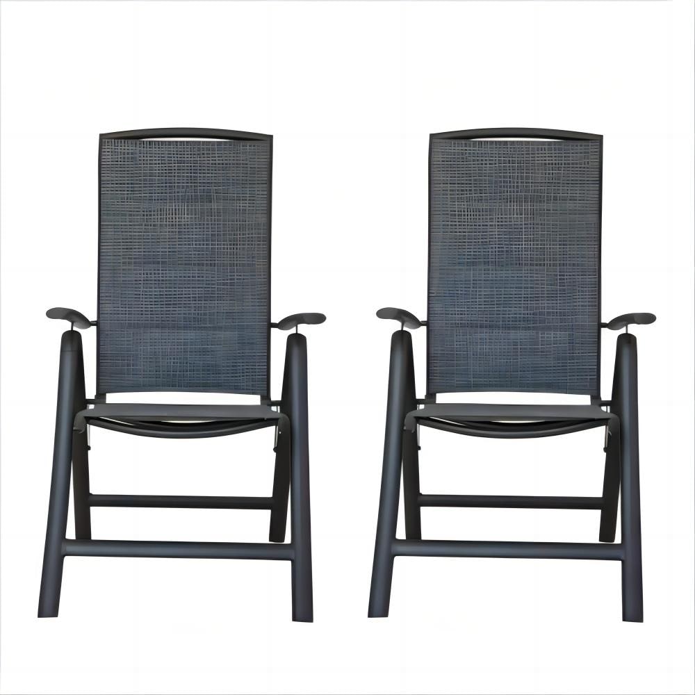 Clihome Folding Patio Chairs Set of 2 Set of 2 Woven Dark Gray Aluminum Frame Stationary Dining Chair with Black Woven Seat
