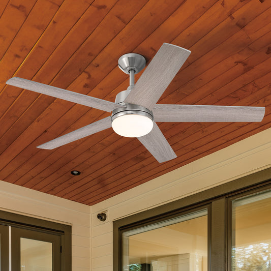 Designers Fountain Astrea 52-in Brushed Nickel with Silver Blades Color-changing Integrated LED Indoor/Outdoor Flush Mount Smart Ceiling Fan with Light and Remote (5-Blade) FS-ATR52RGB-BN