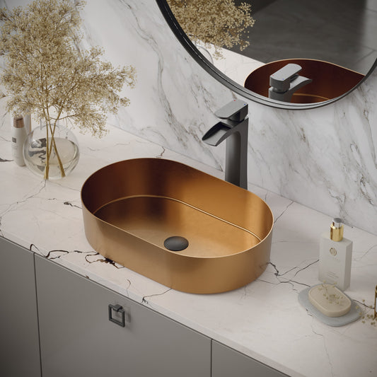 Karran Stainless Steel 13.75-in Vessel Oval Modern Brushed Coper Bathroom Sink with Drain Included