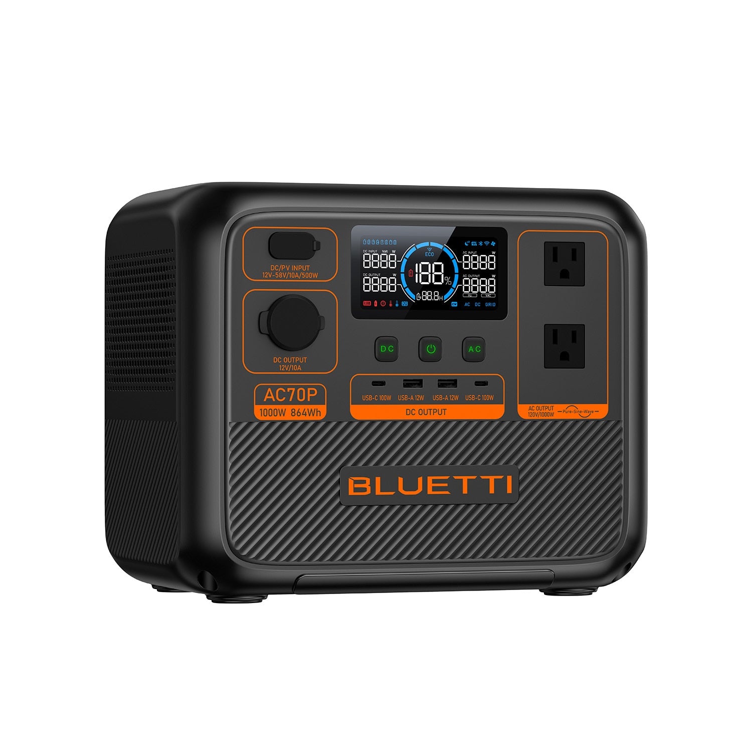 BLUETTI Premium Series 864Wh 1000-Watts Portable Power Station AC70P-US-GY-BL-LWSUS