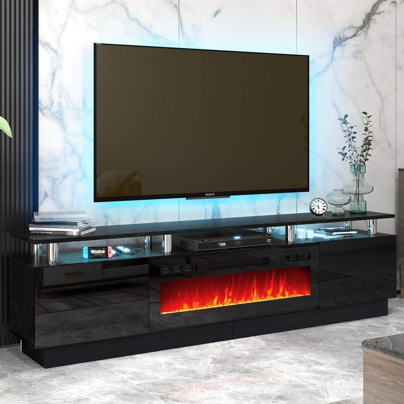 AOXUN 80-in W Black TV Stand with LED Electric Fireplace H21014BK-80+H20023