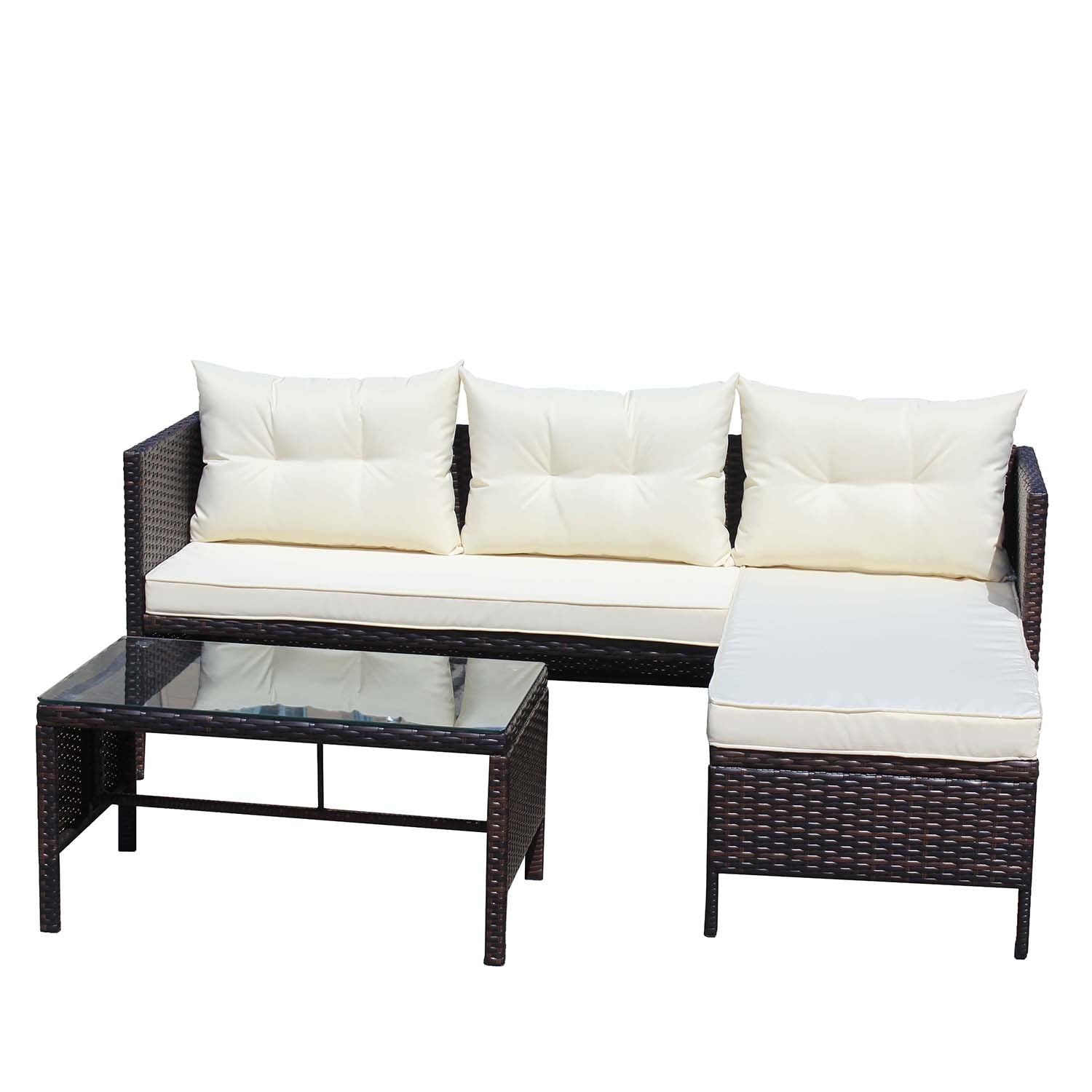 SINOFURN Rattan Outdoor Sectional with Beige Cushions and Rattan Frame