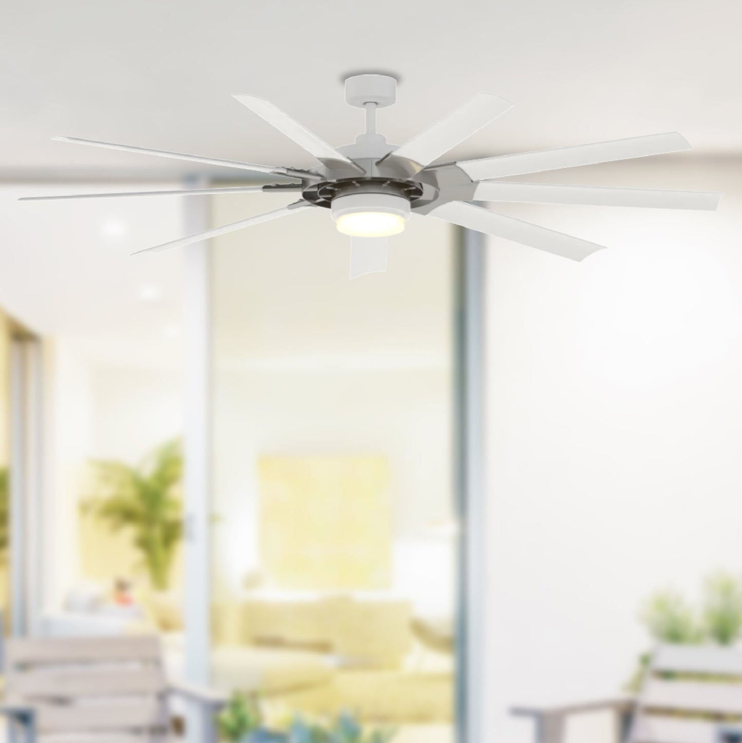 Fanimation Studio Collection Slinger v2 72-in Color-Changing Integrated LED Outdoor Brushed Nickel and White with White Blades Ceiling Fan With Light - Remote Included ( 9 -Blade ) 2851336