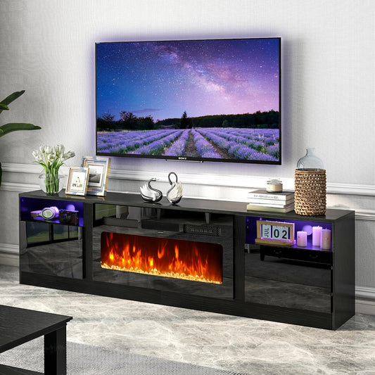 AOXUN 79-in W Black TV Stand with LED Electric Fireplace H21028BK+H20023