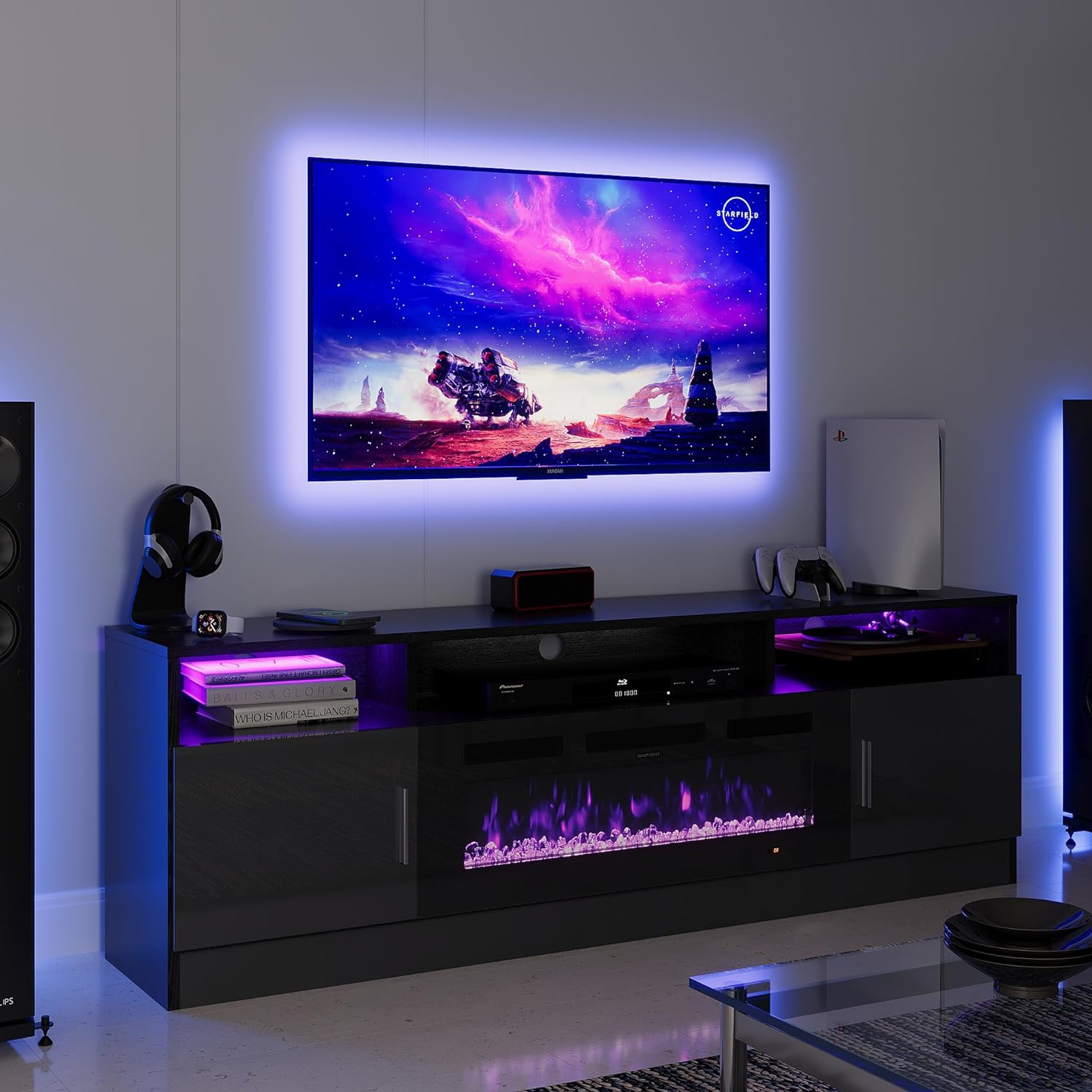 AOXUN 70-in W Black TV Stand with LED Electric Fireplace H21025BR-15+H20024