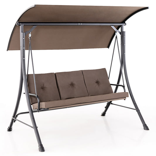 Forclover HY 3-Seat Porch Swing with Adjust Canopy 3 -person Brown Steel Outdoor Glider