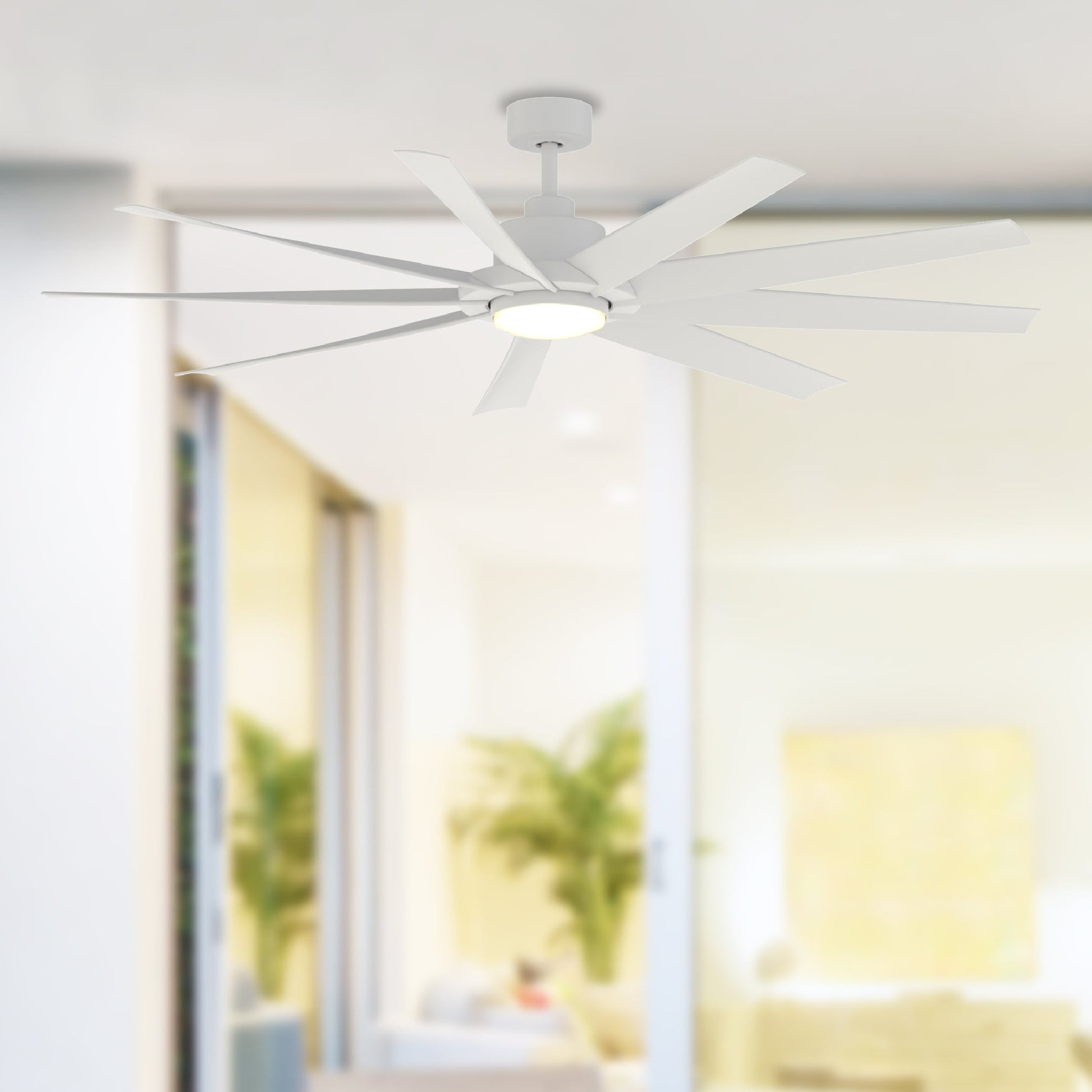 Fanimation Studio Collection SixtyFour 64-in Color-Changing Integrated LED Outdoor Matte White with Matte White Blades Ceiling Fan With Light - Remote Included ( 9 -Blade ) 5497086