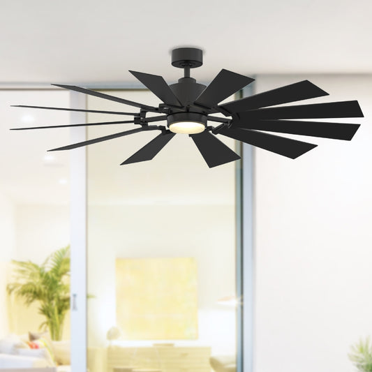 Fanimation Studio Collection Kindred 60-in Color-Changing Integrated LED Outdoor Matte Black with Black Blades Ceiling Fan With Light - Remote Included ( 12 -Blade ) 2885849