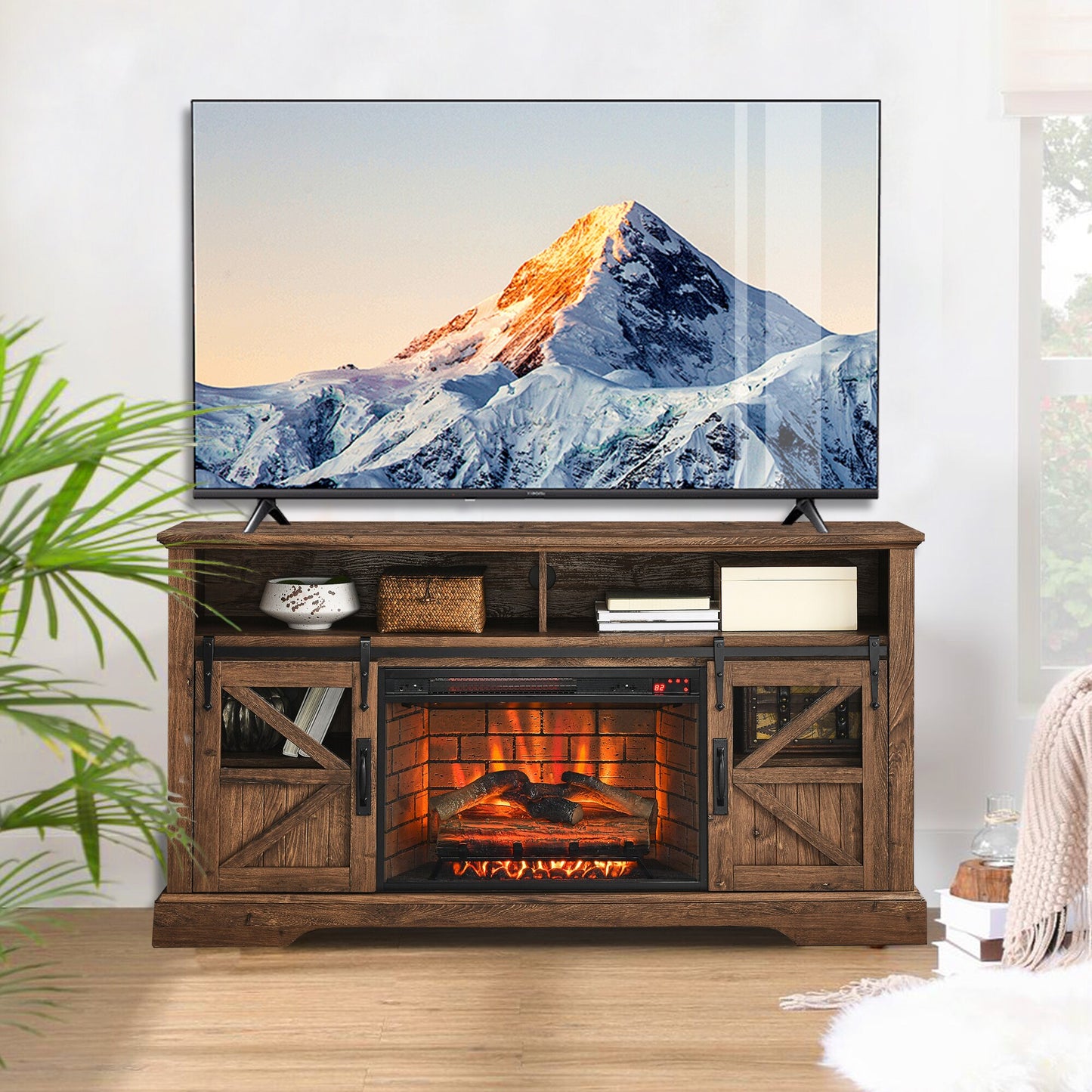 Sunrinx 60-in W Brown TV Stand with Infrared Quartz Electric Fireplace MG63-5-GSD