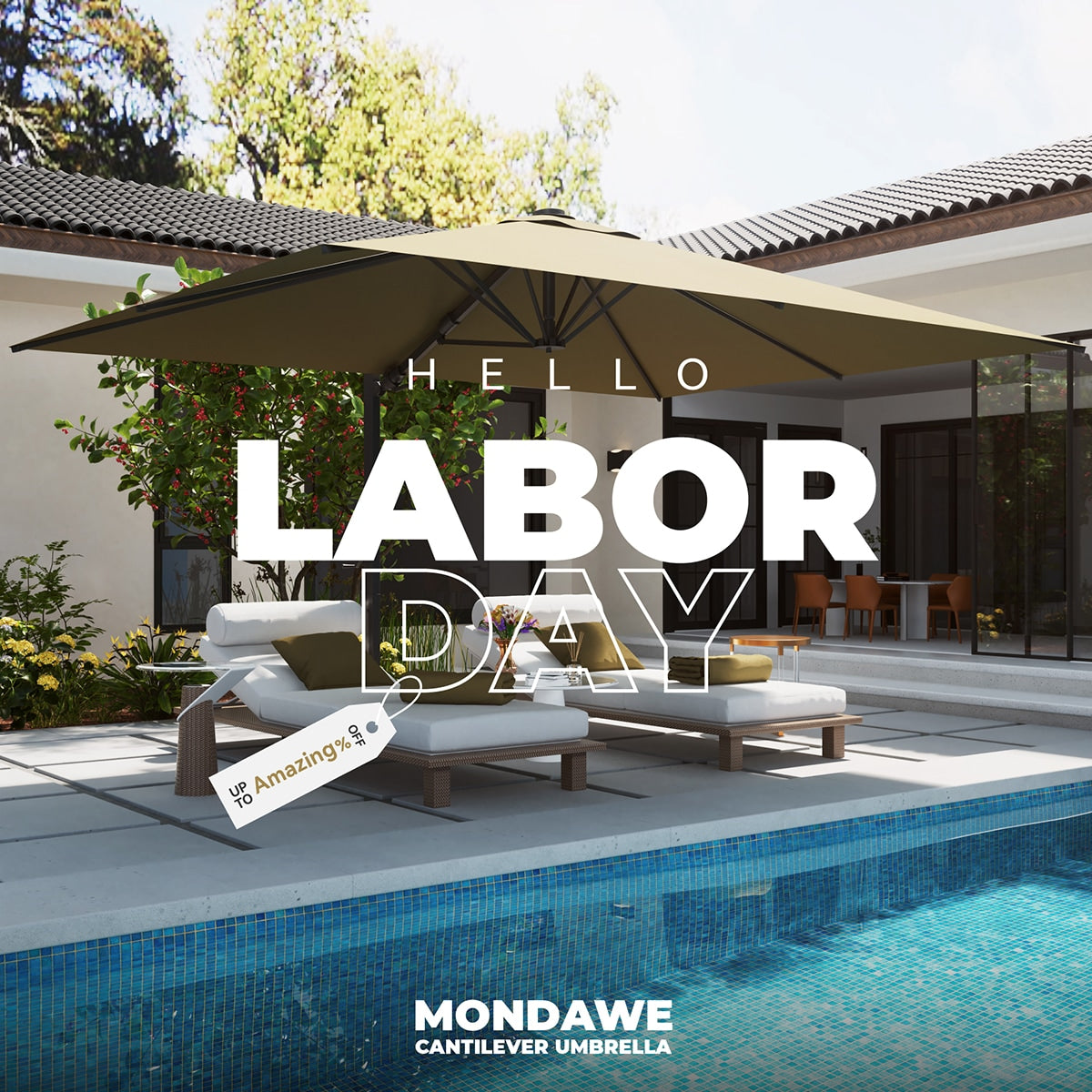 Mondawe 13-ft Aluminum Tan Cantilever Patio Umbrella with Lights with Base