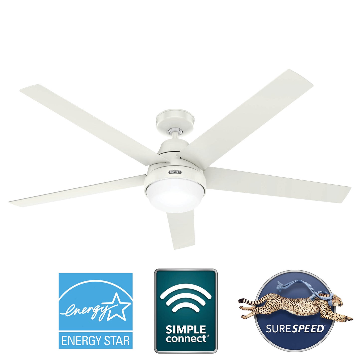 Hunter Aerodyne ENERGY STAR SIMPLEconnect 60-in Smart Fresh White with Fresh White Blades Ceiling Fan With Light - Remote Included ( 5 -Blade ) 6535504
