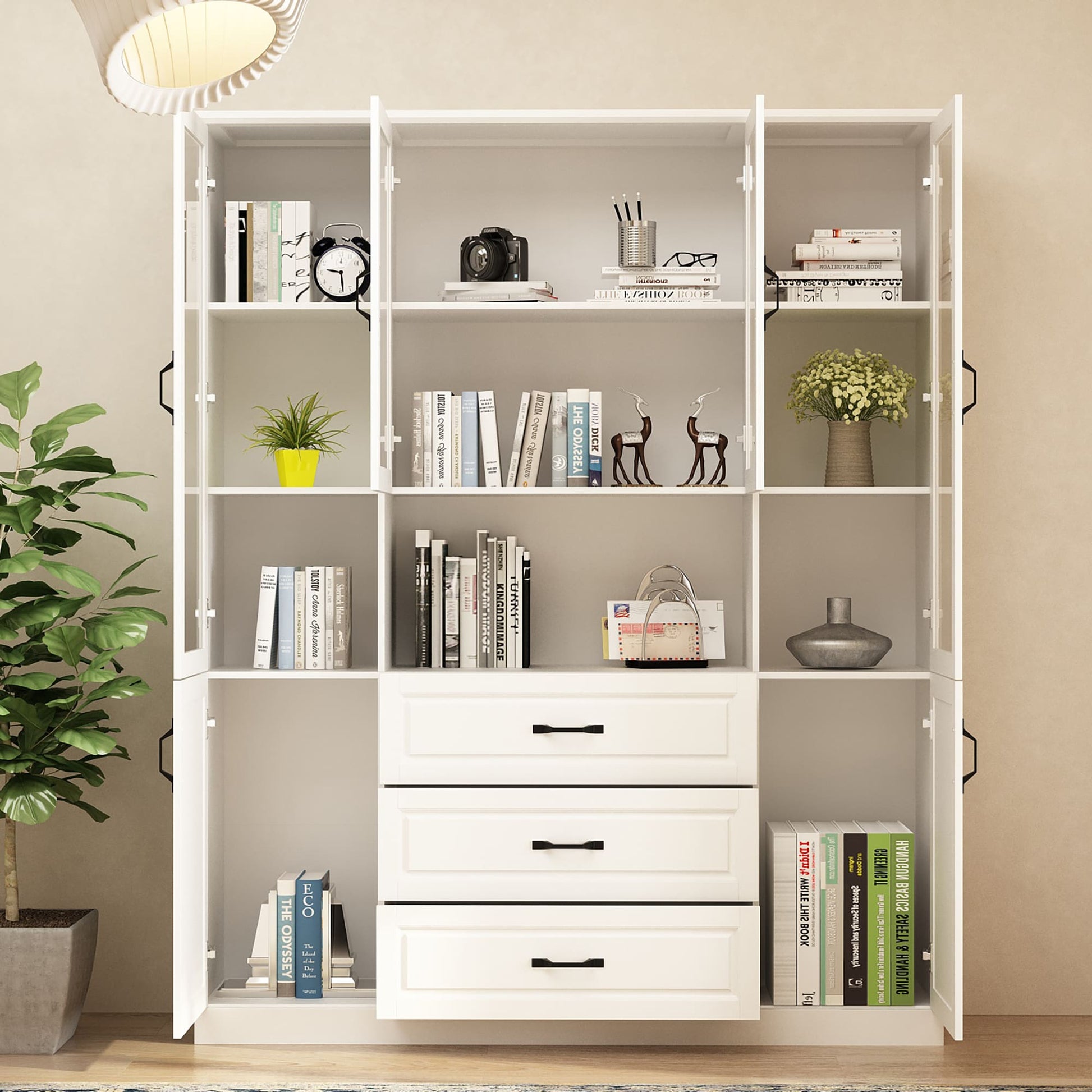 FUFU&GAGA White MDF 5 -Shelf Oversized set Bookcase with Doors ( 63-in W x 78.7-in H x 15.7-in D ) Finished