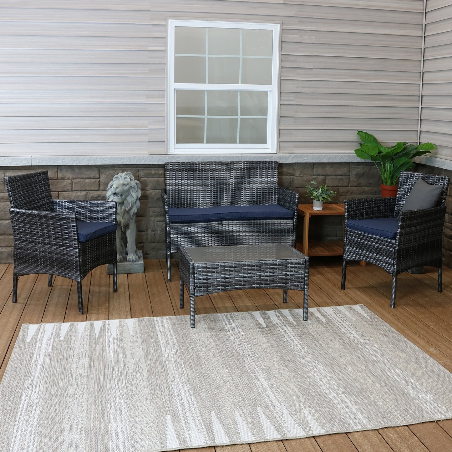 Sunnydaze Decor 4 -Piece Rattan Patio Conversation Set with Blue Cushions