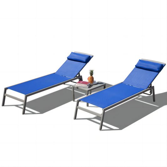 ToolCat Set of 2 Stackable Sliver Aluminum Frame Stationary Chaise Lounge Chair with Blue Mesh Seat