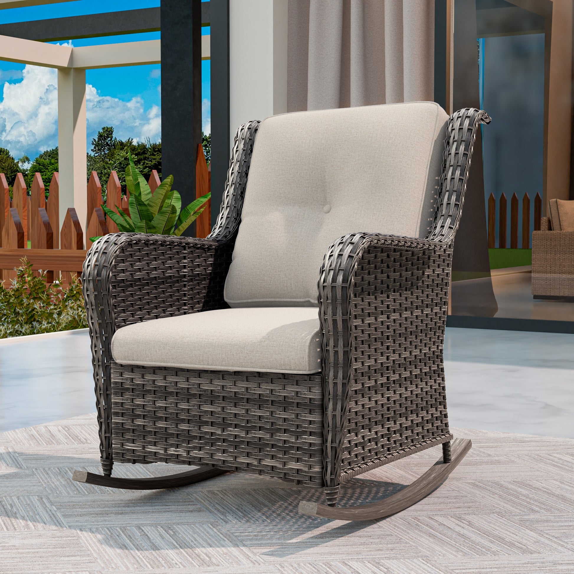 Gardenbee Wicker Brown Steel Frame Stationary Chaise Lounge Chair with Beige Cushioned Seat