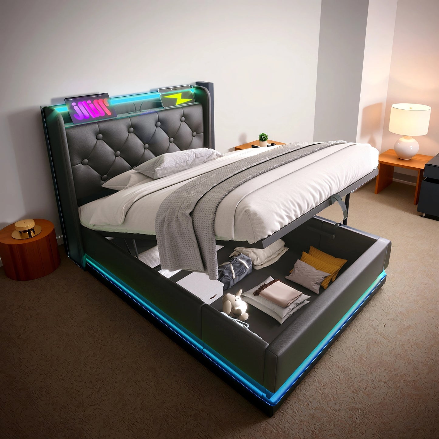 SINOFURN Twin Black Storage Bed Frame with Headboard