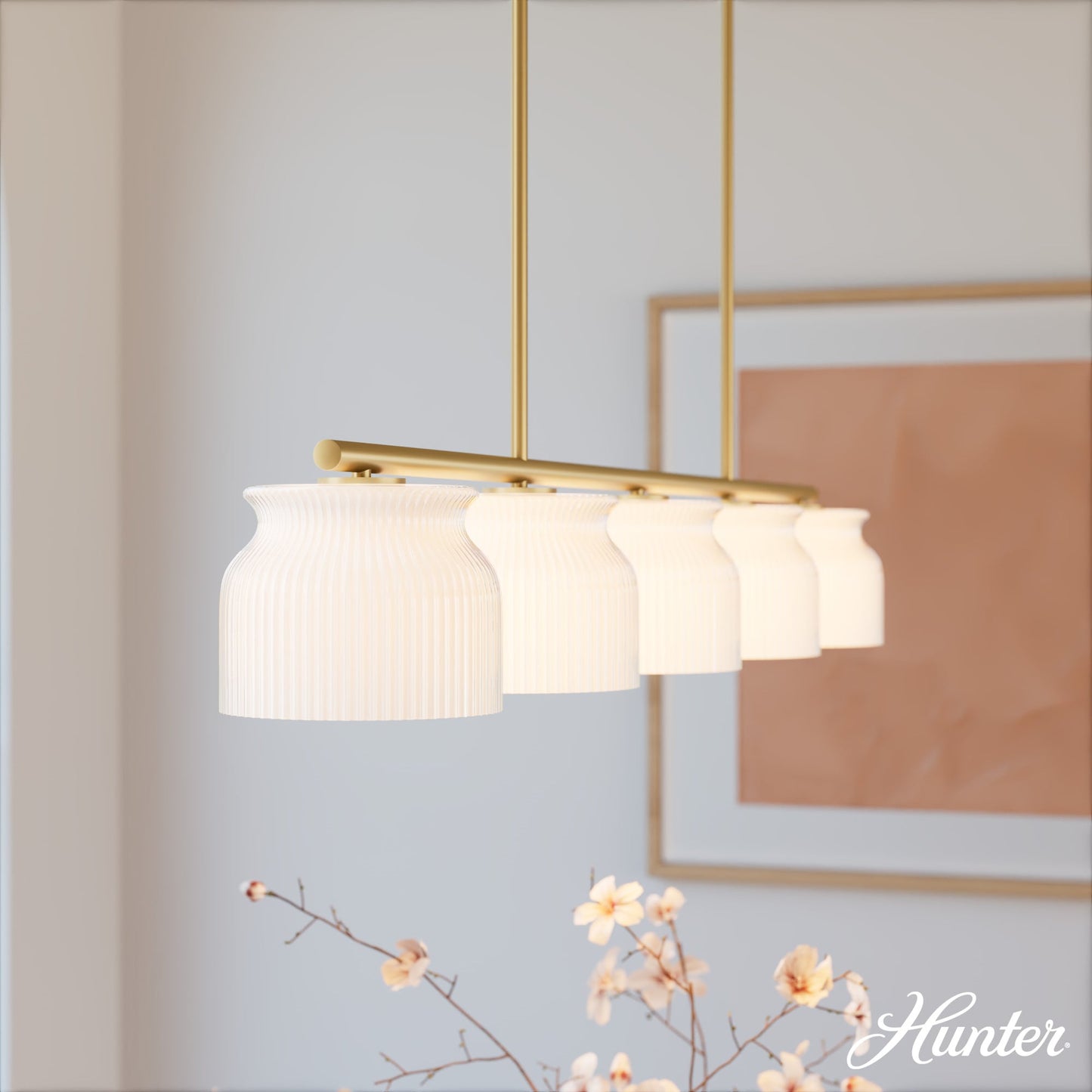 Hunter Jasmine Roth Harlowe 5 -Light Satin Gold Glam For Use in Foyers, Kitchens, Chandelier 6632183