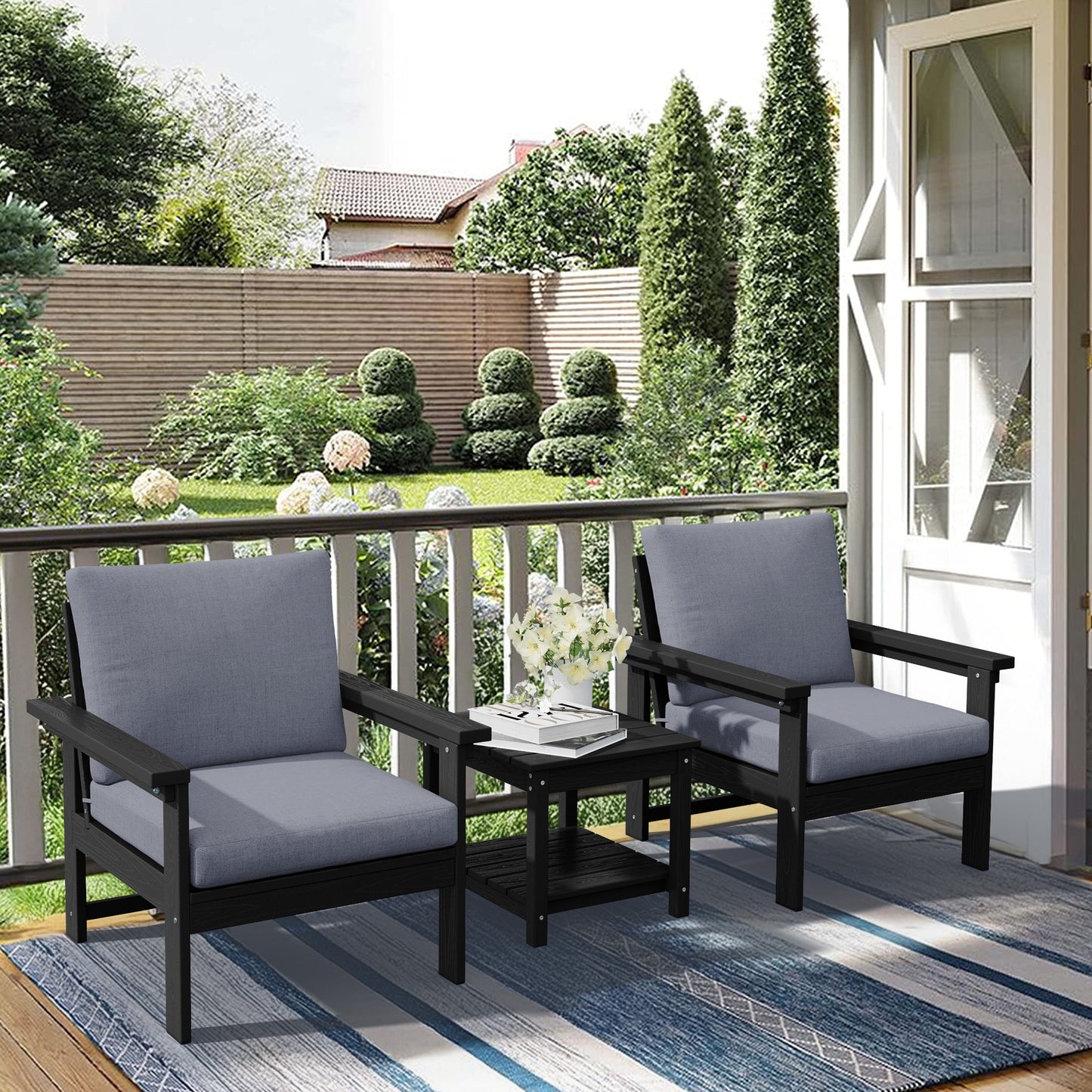JEAREY HDPE Outdoor Conversation Set with Two Cushioned Single Chairs Side Table 3 -Piece Patio Conversation Set with Gray Cushions