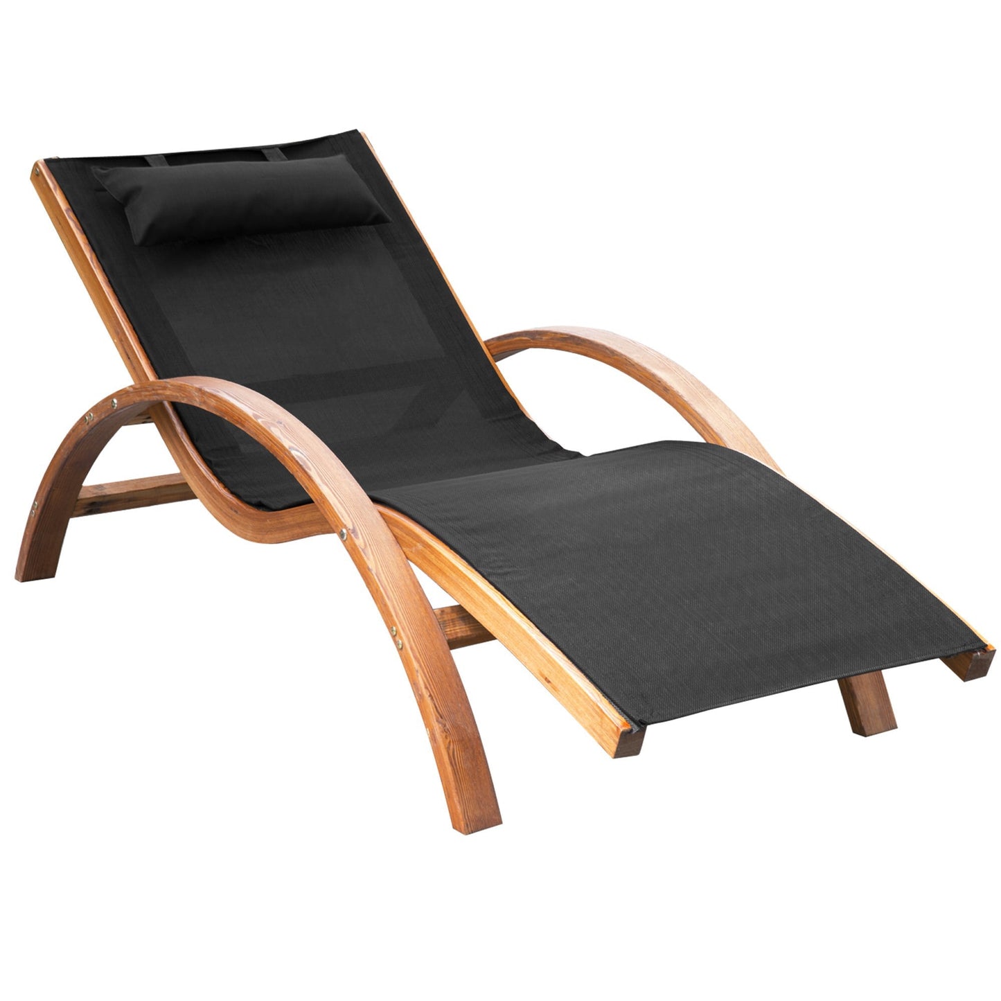 Miki Shinly Outdoor Patio Bench Brown Wood Frame Stationary Beach Chair with Black Mesh Seat