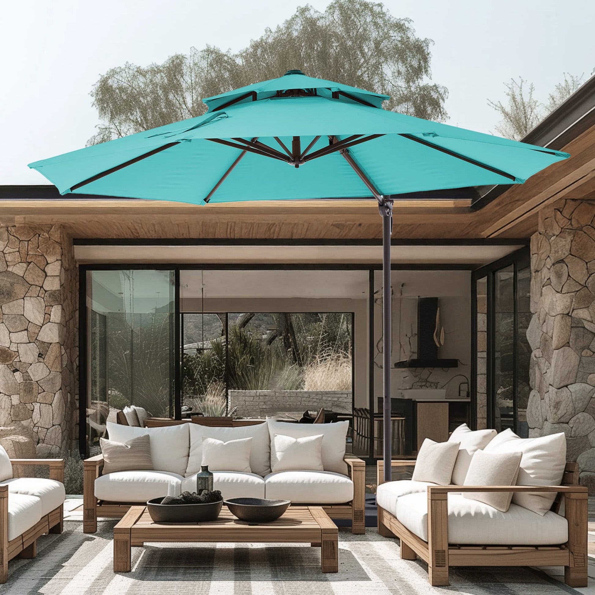 VOUA 13-ft Aluminum Blue Crank Cantilever Patio Umbrella