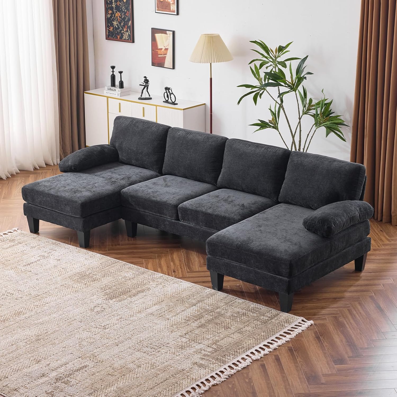 Outopee 111.4-in Modern Black Chenille Sectional