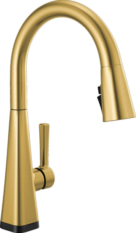 Delta Lenta Brushed Gold Single Handle Deck-mount Touchless Pull-down Kitchen Faucet with Sprayer ( Deck Plate Included )