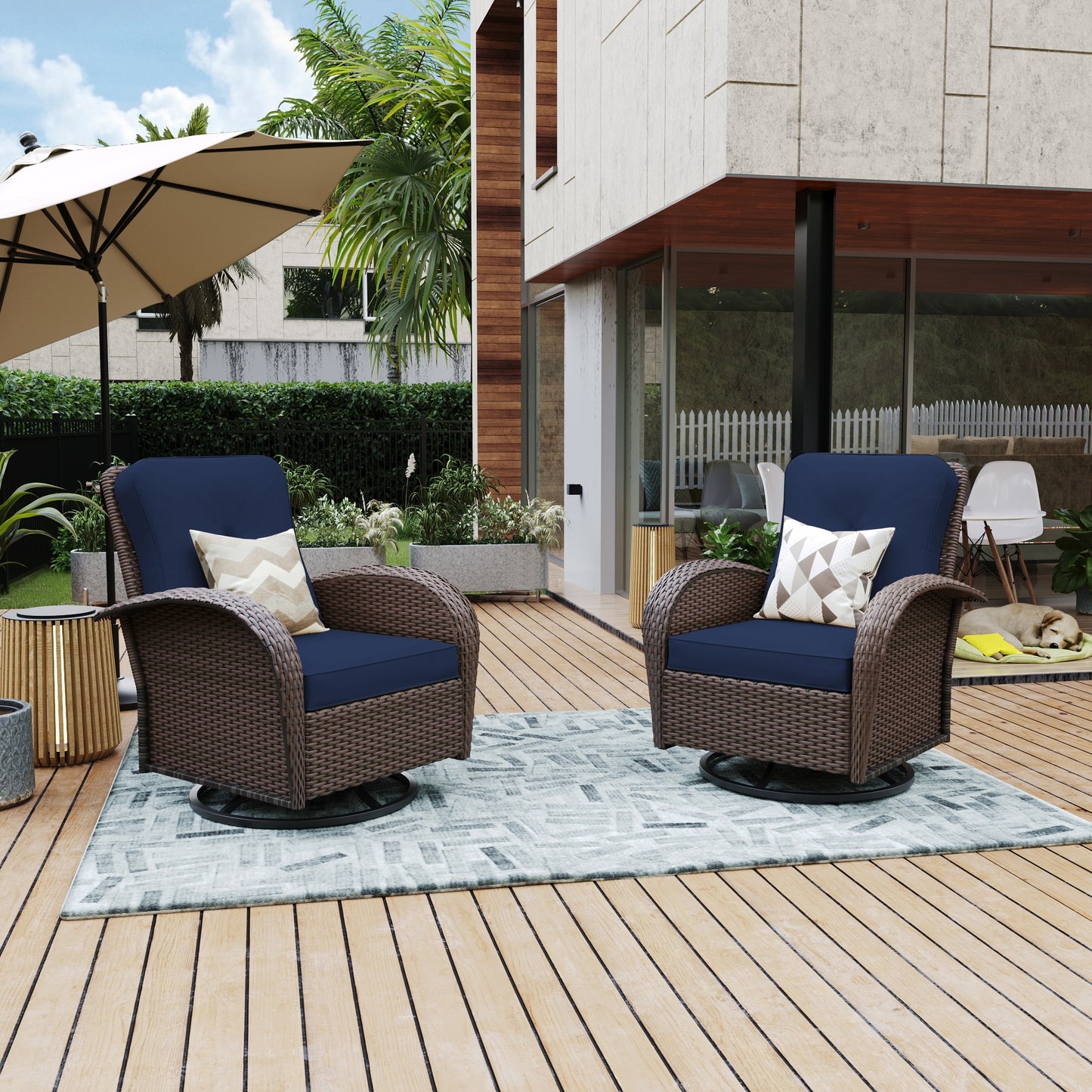 UPHA Rocking Chair 2 -Piece Wicker Patio Conversation Set with Navy Cushions