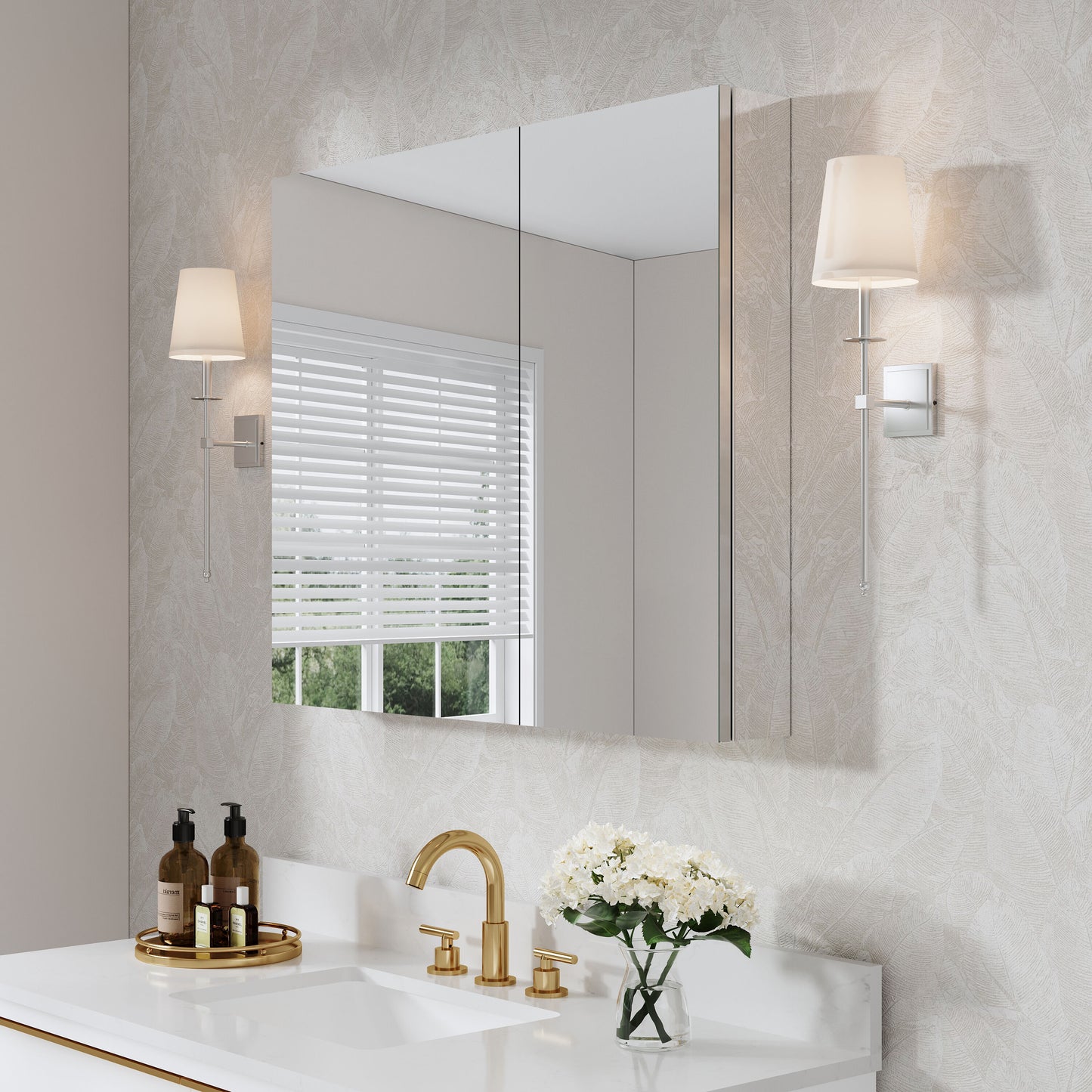 WELLFOR Ravo Medicine Cabinet 36-in x 30-in Surface/Recessed Mount Anodized Chrome Mirrored Rectangle Soft Close Medicine Cabinet