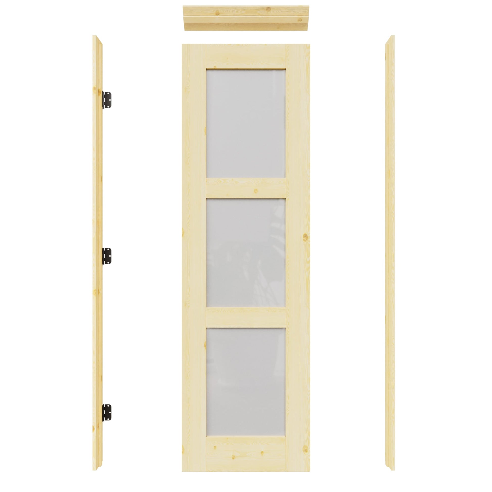 JUJUBON 24-in x 80-in Natural Quickly Assemble Jamb Solid core 3-panel square Frosted glass Left hand Textured Unfinished Pine Wood Flat Jamb Single Prehung Interior Door