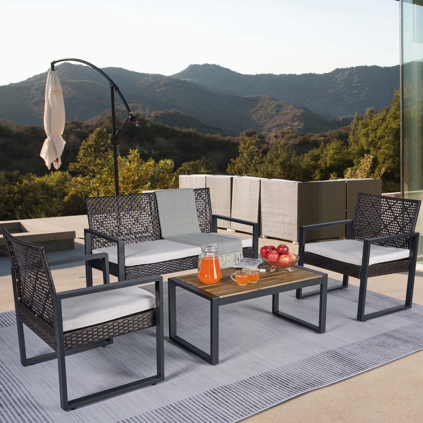 Fun Orange 4 -Piece Wicker Patio Sofa Conversation Set with Yellow Cushions