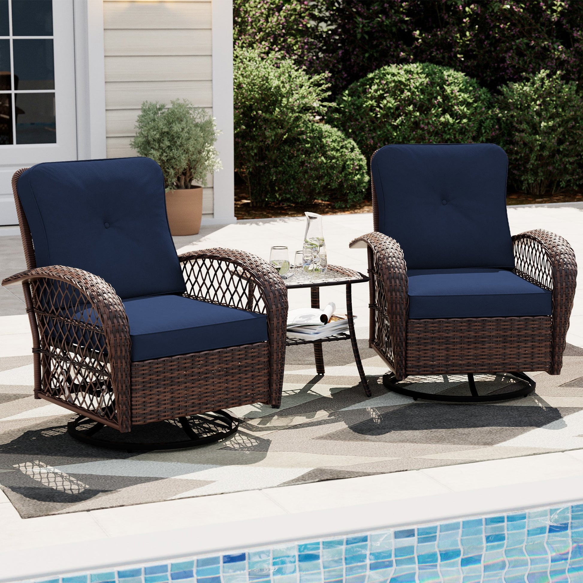 UPHA 3-Pieces Patio Chairs Set of 2 Wicker Brown Metal Frame Swivel rocker Rocking Chair with Navy Cushioned Seat