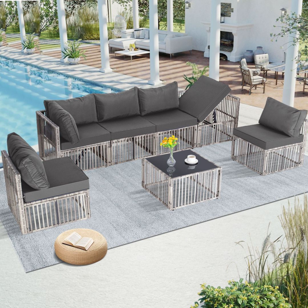 EarlGrove 7 -Piece Wicker Patio Conversation Set with Gray Cushions