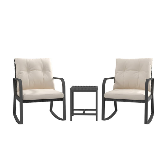 CESICIA Patio Chairs Set of 2 Beige Steel Frame Stationary Rocking Chair with Beige Cushioned Seat