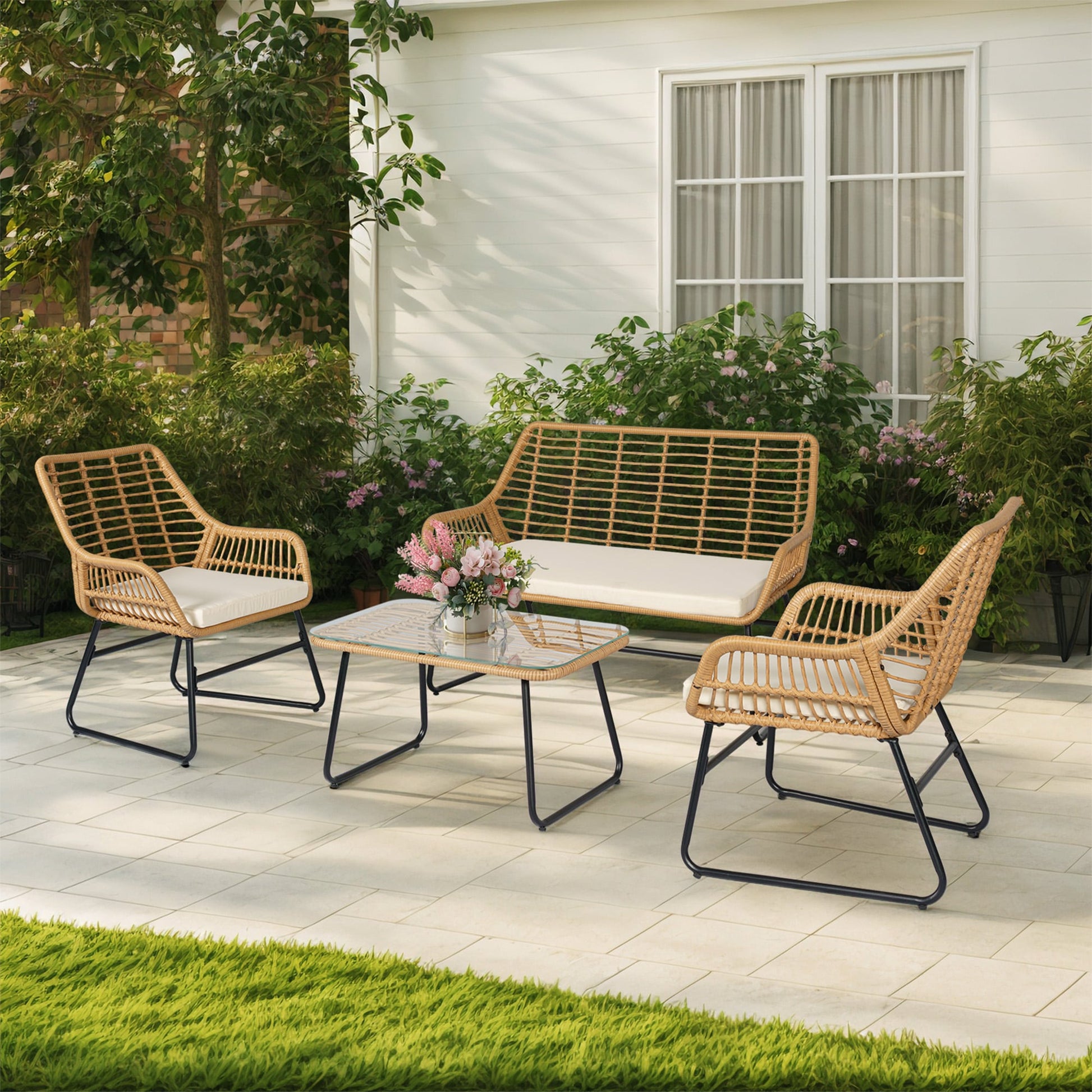Grearden 4 -Piece Wicker Patio Conversation Set with Off-white Cushions
