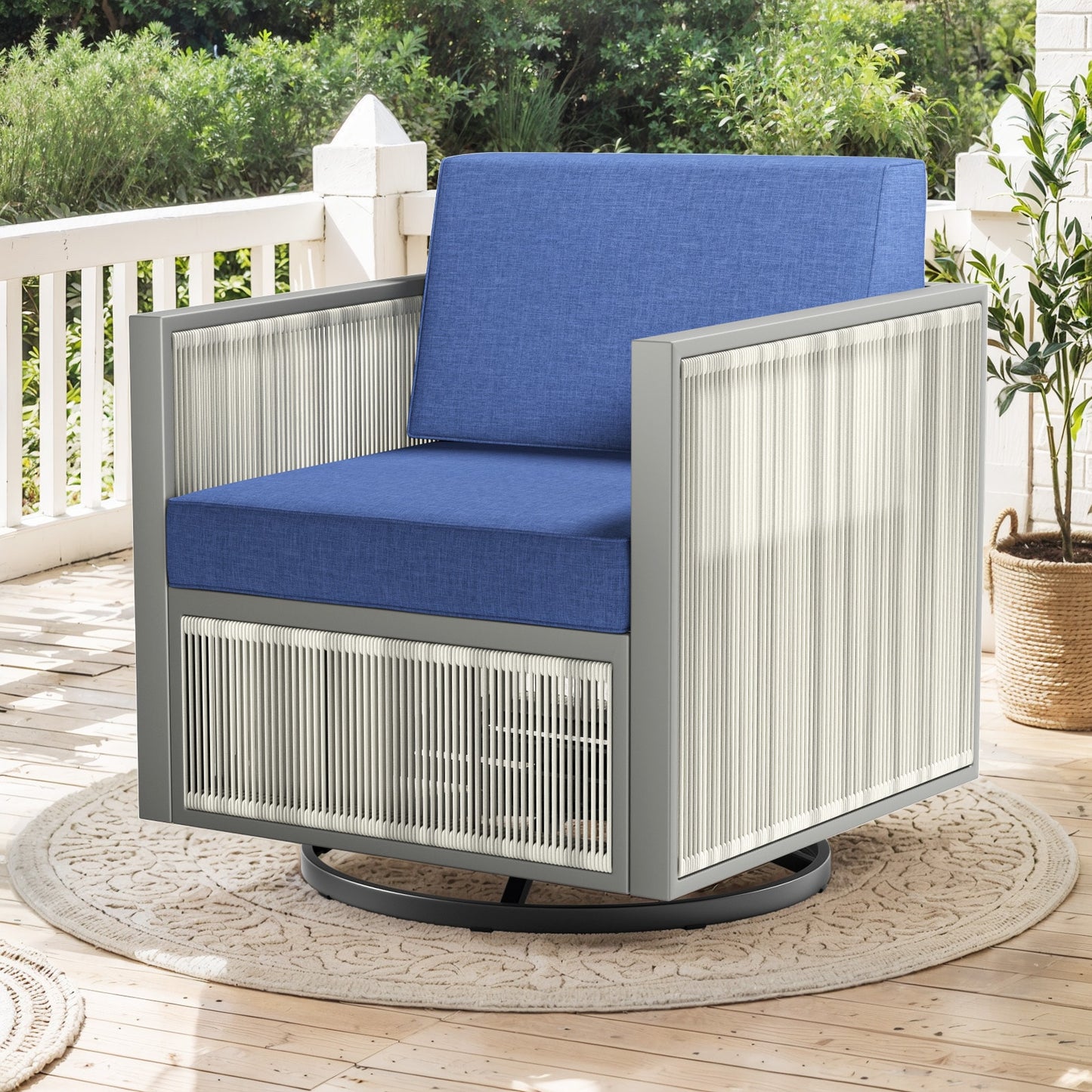 Jeehope PAnorama Series Wicker Light Beige Steel Frame Swivel glider Conversation Chair with Navy Cushioned Seat