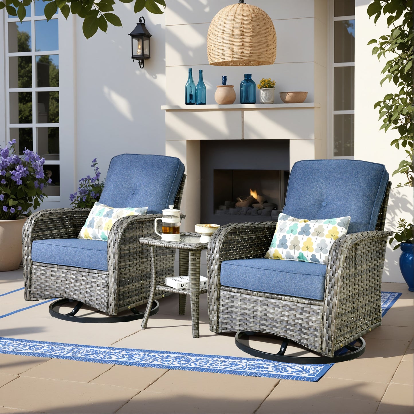 ALTRIGUS 3 -Piece Wicker Patio Conversation Set with Blue Cushions