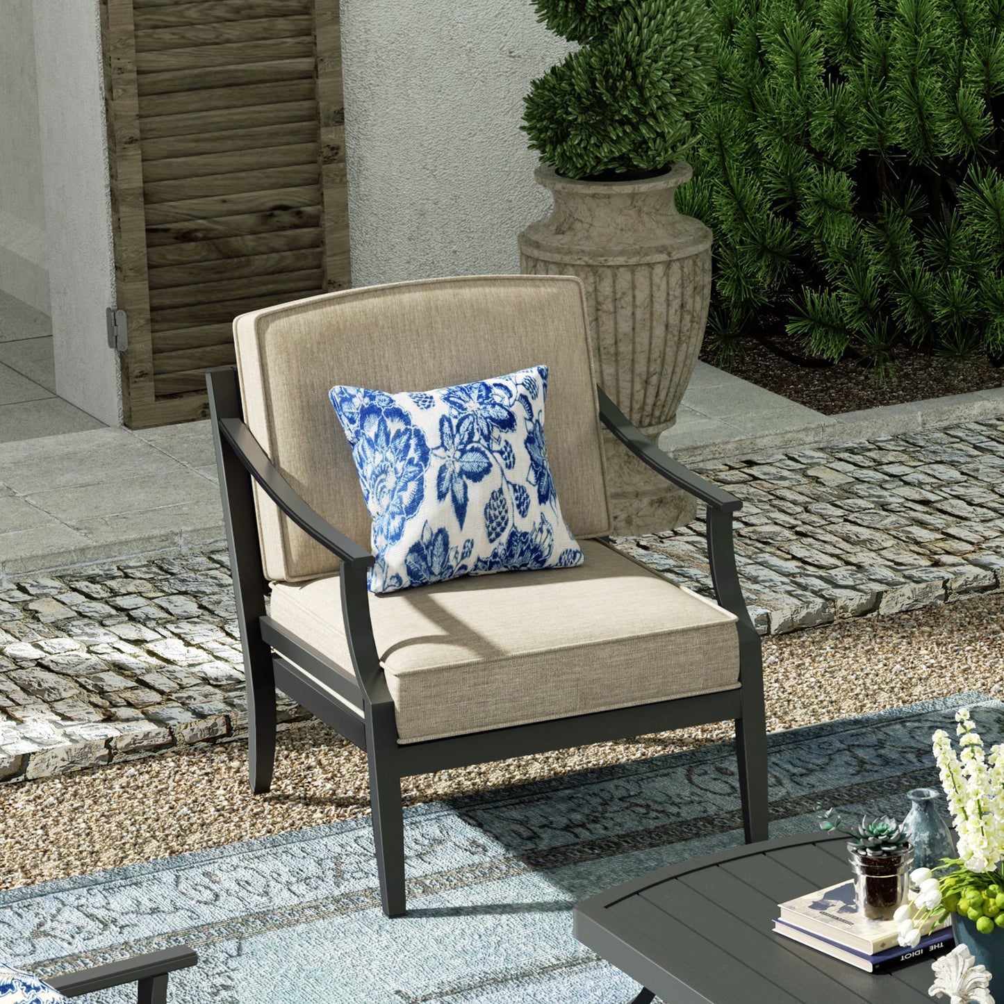 PEAK HOME FURNISHINGS Aluminum Club Chair Outdoor Sofa with Beige Cushions and Aluminum Frame