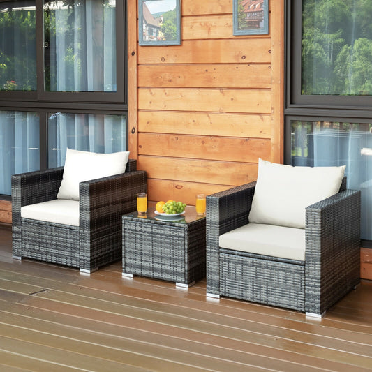 Forclover Patio Conversation Sets 3 -Piece Rattan Patio Conversation Set with White Cushions