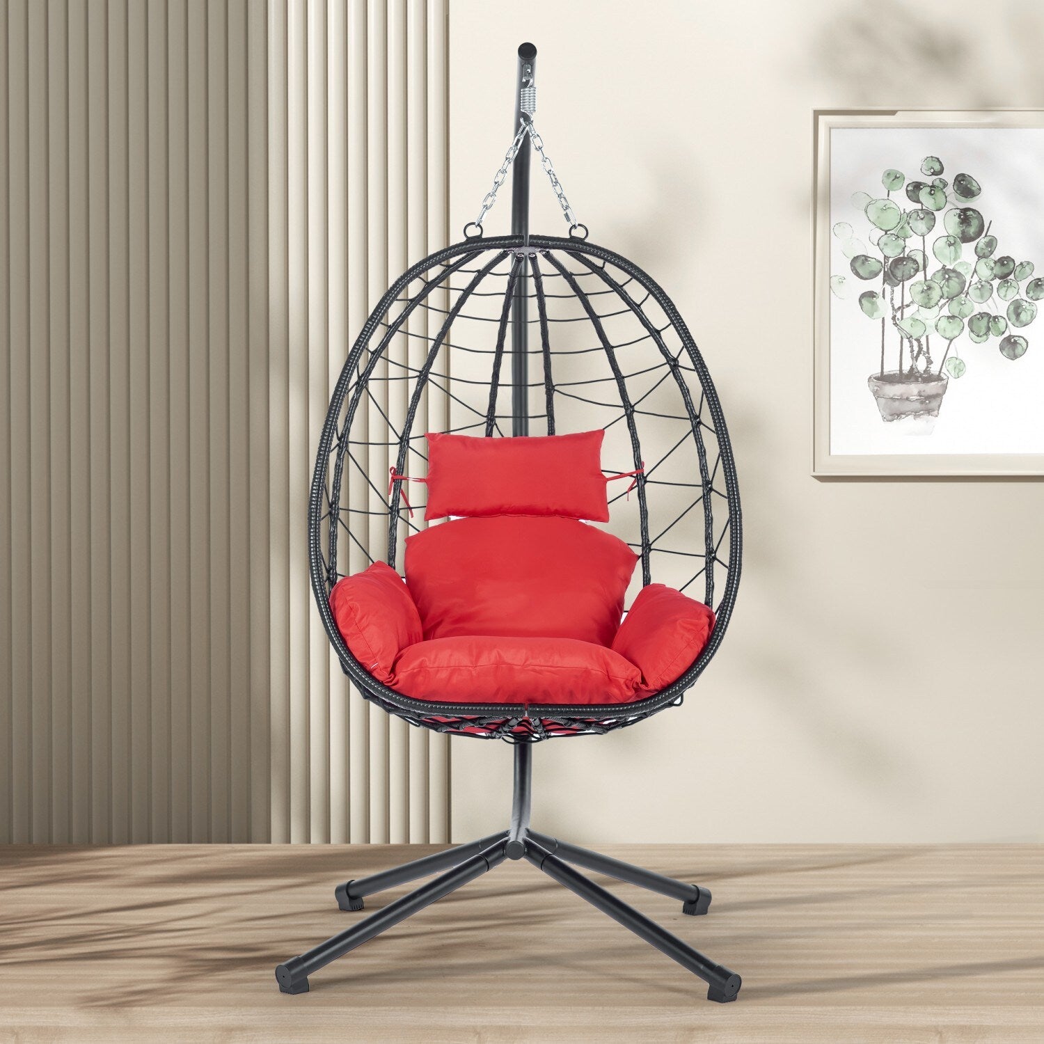 AAZJ Patio Chairs Rattan Black Steel Frame Hanging Egg Chair with Red Cushioned Seat