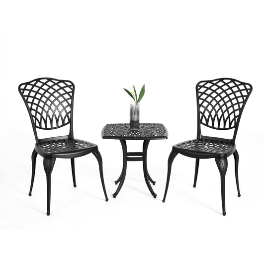 Bayfeve 3 Piece Cast Aluminum Patio Bistro Sets 3 -Piece Black Bistro Patio Dining Set Aluminum Square Table with 2 Stationary Chairs