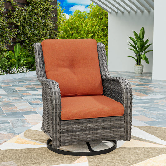 Gardenbee Wicker Brown Steel Frame Swivel rocker Conversation Chair with Orange Cushioned Seat