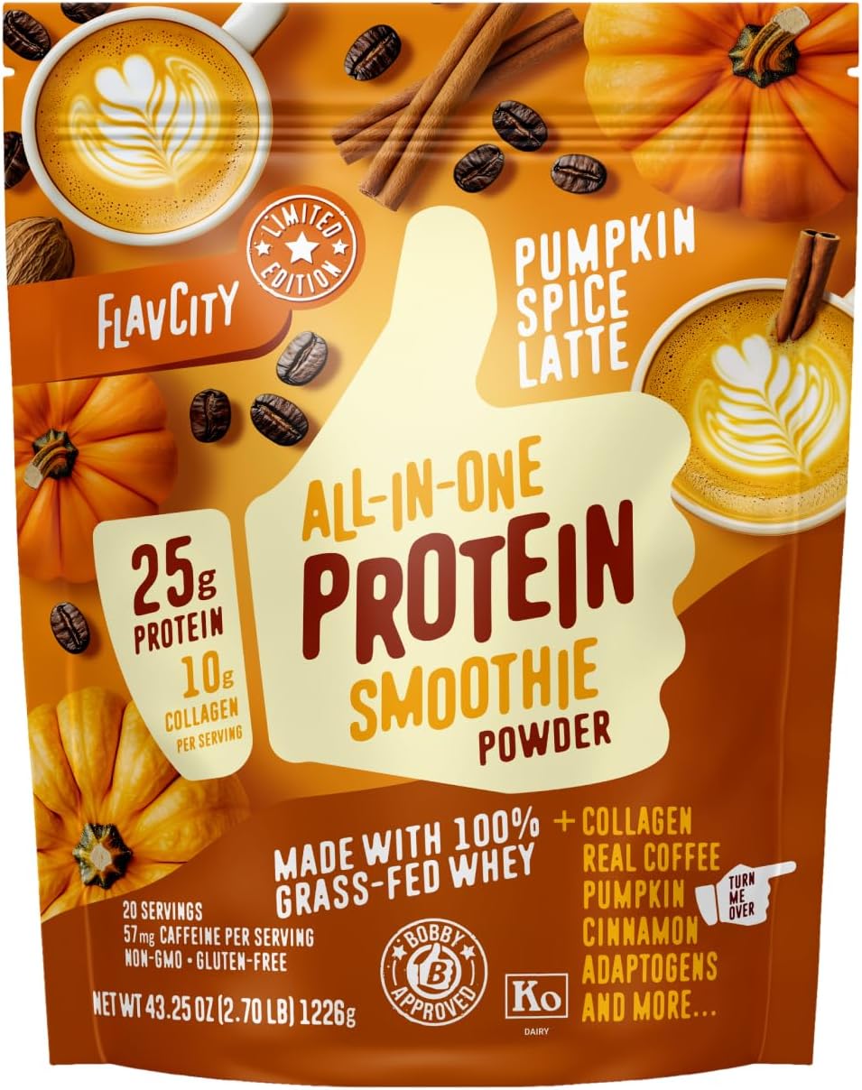 FlavCity Grass Fed Whey Protein Powder - Pumpkin Spice Latte - 25g Protein & 57mg of Caffeine - Made with Real Pumpkin & Organic Coconut Milk - Gluten Free & No Added Sugars (20 Servings)