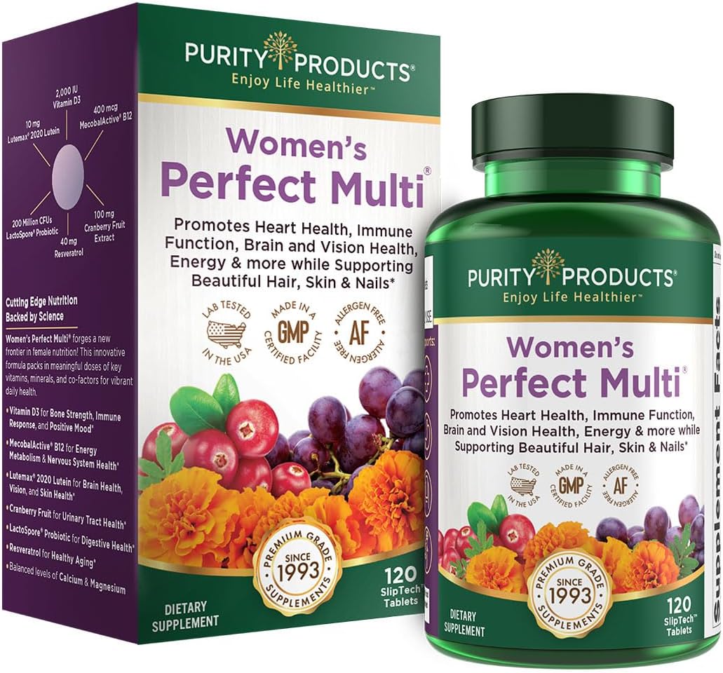 Purity Products Women’s Perfect Multi Balanced Multivitamin - Supports Urinary Tract Health, Immune, Bone + Muscle, Hair, Skin, Nails, an Elite Probiotic for Digestive Health + More - 120 Tablets