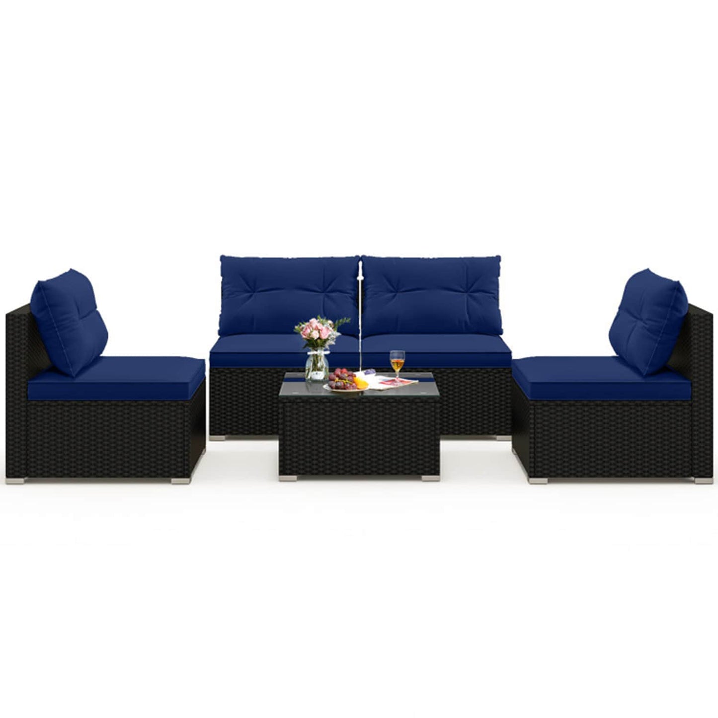 Mondawe Rattan Outdoor Sectional with Blue Cushions and Rattan Frame